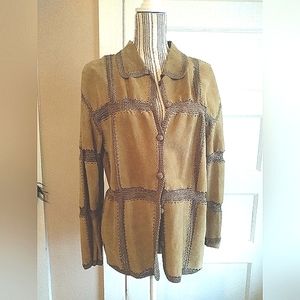 Leather Suede Crocheted Army Green jacket by S.M.H. - l  NWOT